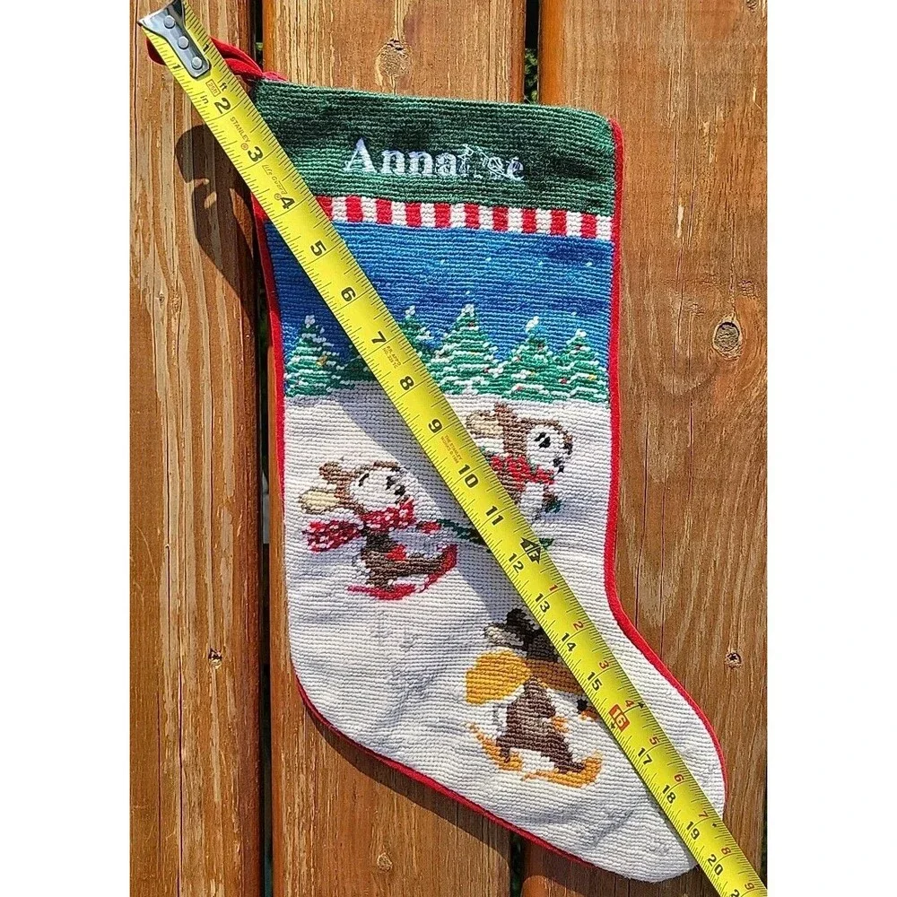 Lands End Bunnies Needlepoint Christmas Stocking Wool Green Red Cotton FLAW